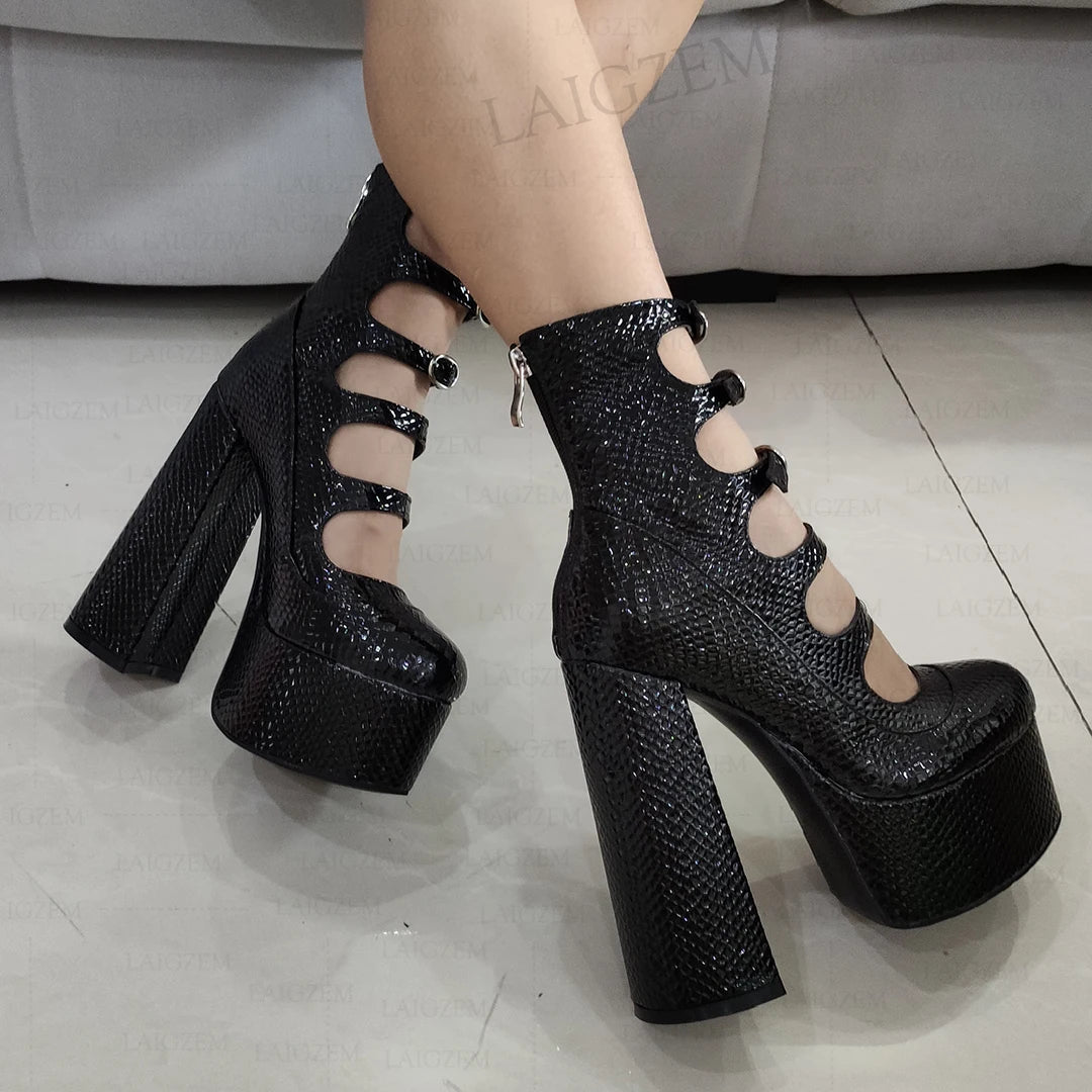DOHBANER Women Pumps Round Toe Back Zip Block Chunky Heels Buckle Straps Sandals Cosplay Party Shoes Woman Big Size 39 40 45 47 - Kimlud