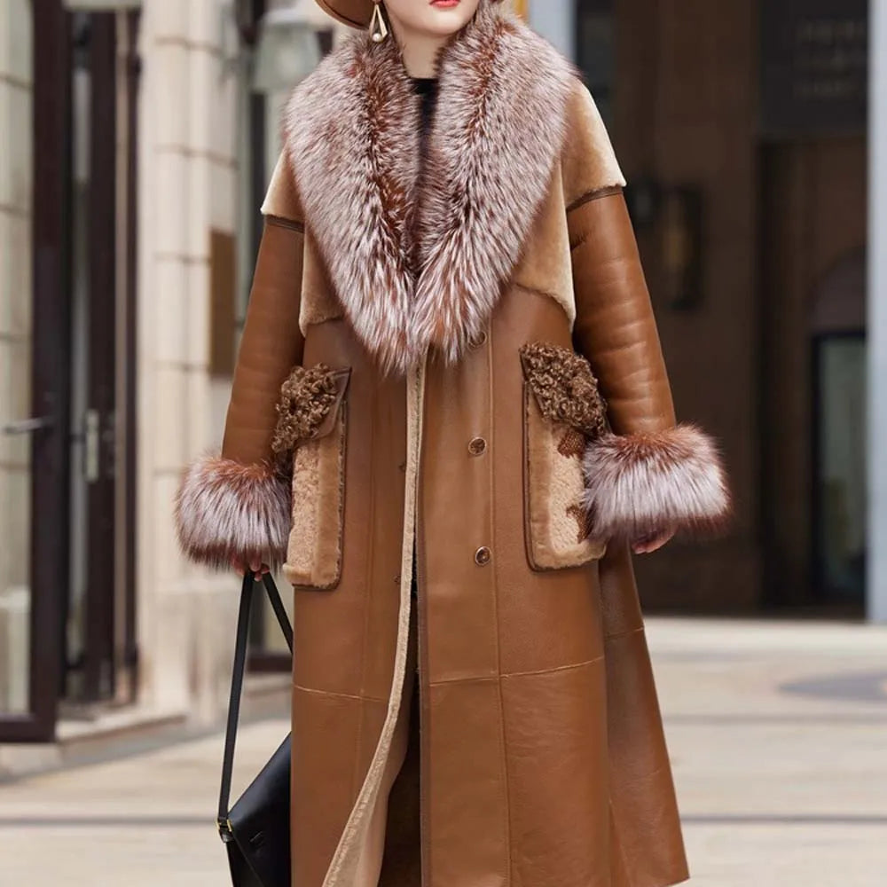 Slim Long Real Leather Jackets Women Fashion Solid Buttons Coats Women Elegant Tie Belt Waist Pockets Jackets Female Ladies