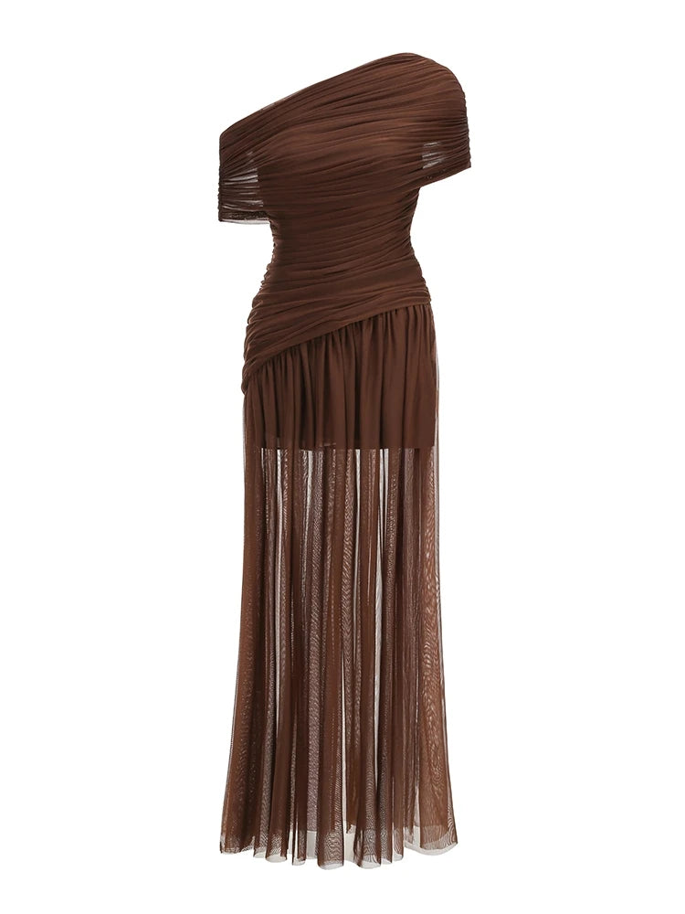 Sexy One Shoulder Mesh Ruched Long Dress Women Blue Brown Sleeveless Folds Slim Dresses Summer Celebrity Evening Party Gowns