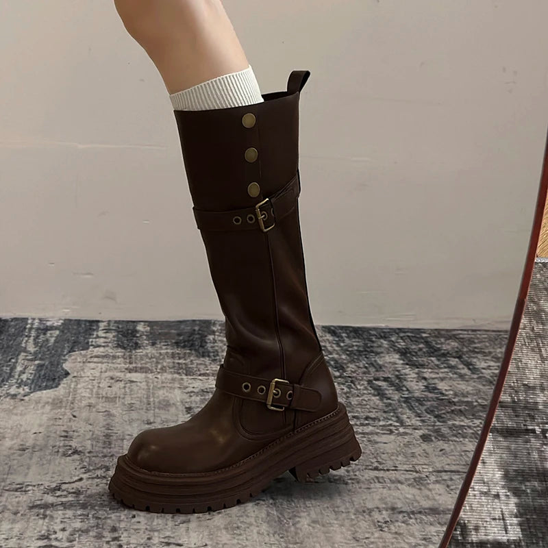 Winter Vintage Platform Thick Sole Woman Knight High Boots Concise Belt Buckle Front zipper Shoes Ladies Slim Modern Long Botas