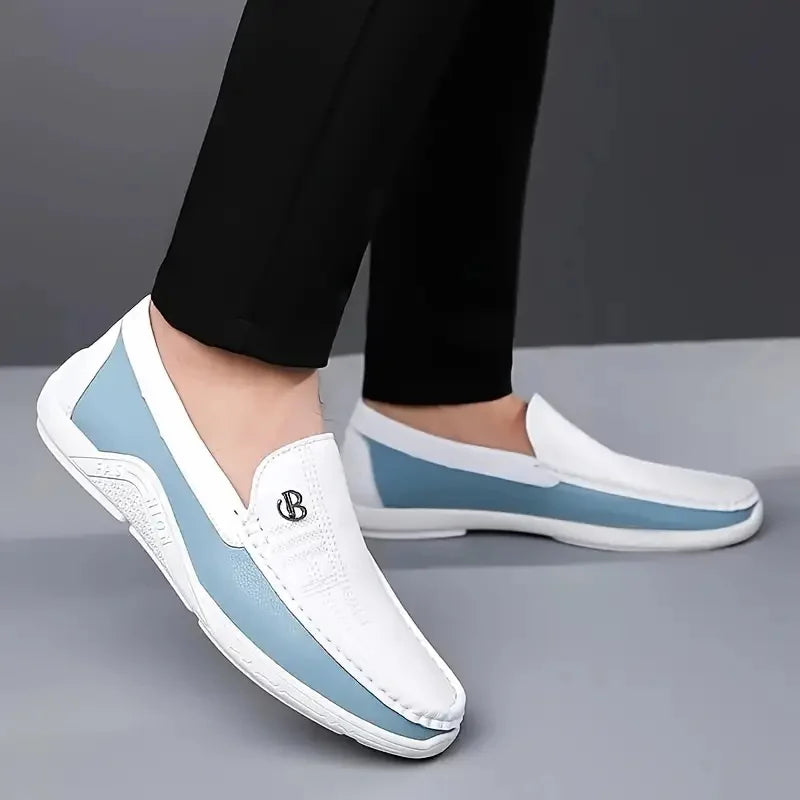 Men's Business Casual Slip-On Loafers White Blue Color Block Comfortable Driving Lightweight Daily Commute Friendly Shoes