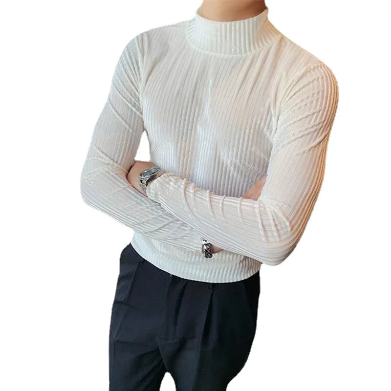 New Gold Velvet T Shirt Men Clothing Fashion Trend Male Luxury Prom Party Long-sleeved Striped Pullover Tops Homme - Kimlud