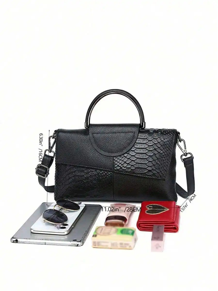 Black PU Croc-Texture Patchwork Clutch with Top Handle for Evening Events