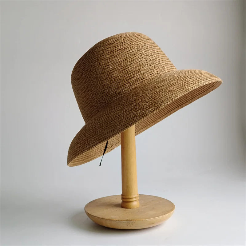 New Summer Sun Hats Ladies Solid Plain Elegant Wide Brim Hat Female Round Top Panama Floppy Straw Beach Hat Women |...