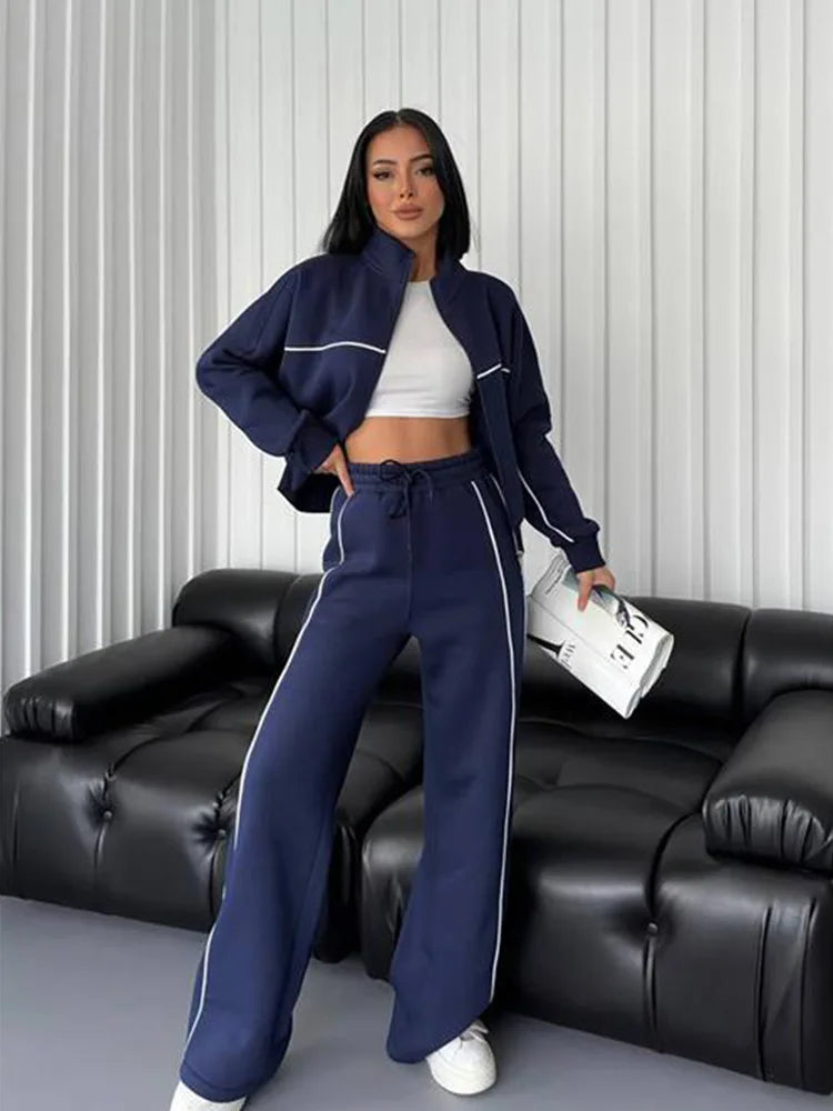 Zekye Women's Clothing Long-sleeved Semi-turtleneck Cardigan Sweater Strappy Striped Trousers Women's Suit Collection 2025 - Kimlud