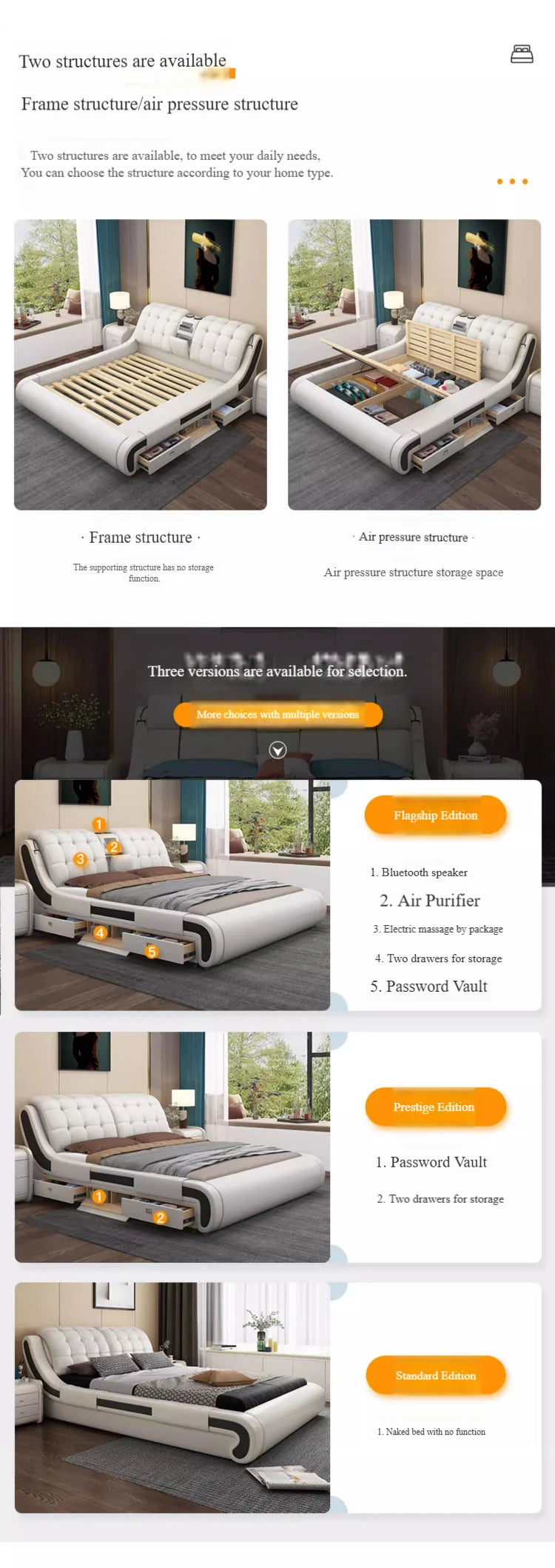 Modern Luxury Bedroom Furniture Smart Electric Massage Up-holstered Beds king Size Double Bed Gas Lift Frame with Storage Design