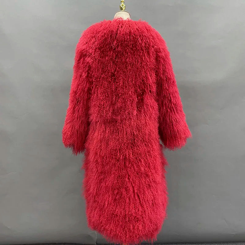Long Mongolian Real Fur Coat For Women Elegant Fluffy Solid Thicken Warm Long Sleeves Coats Winter Chic Long Style