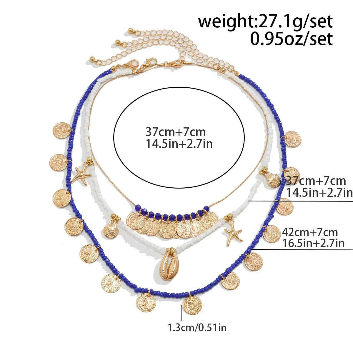 Ingemark 3Pcs/Set Boho Seed Beads Chain Necklace for Women Beach Vintage Metal Conch Starfish Coin Pendant Choker Y2K Jewelry