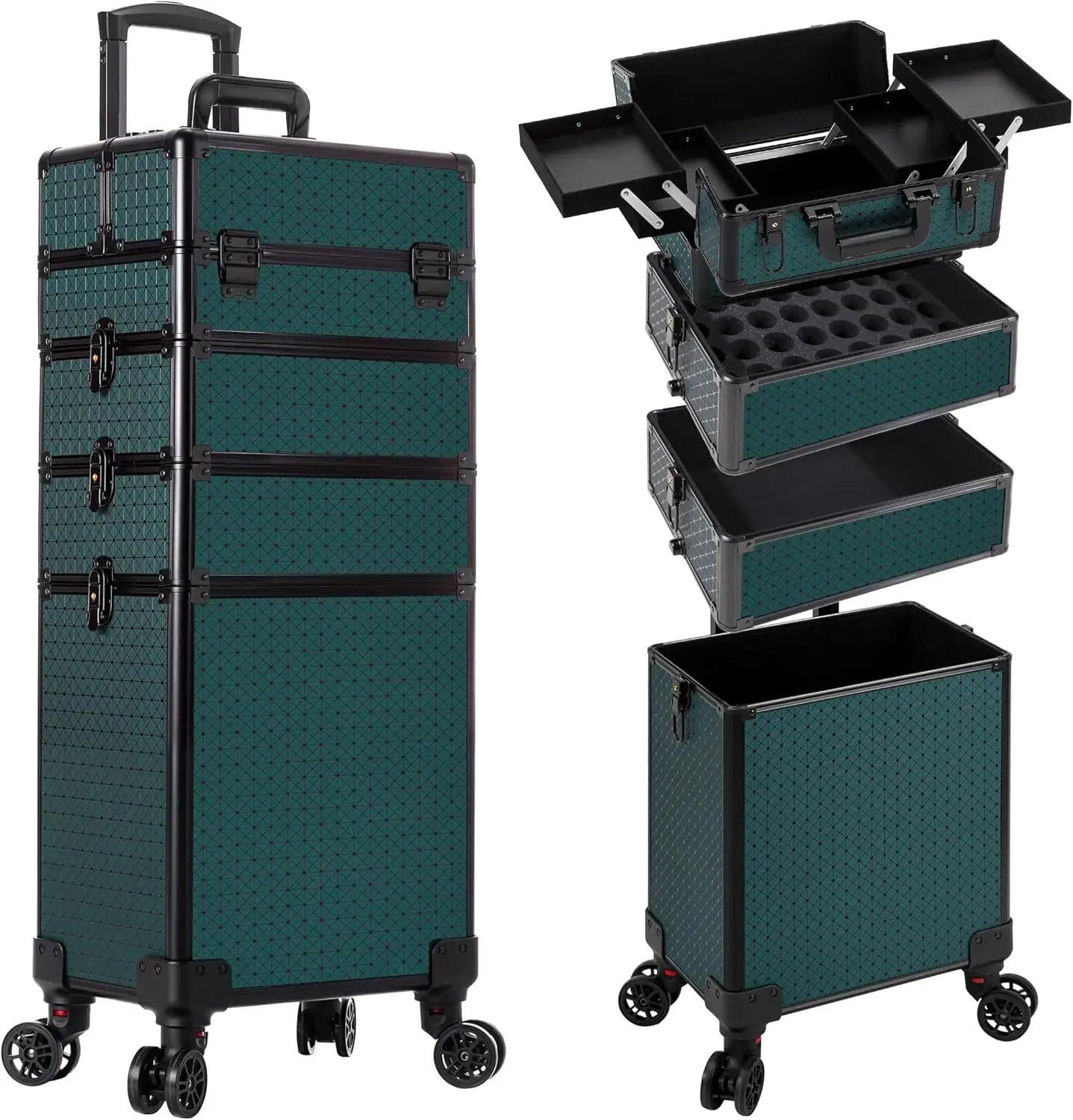 Rolling Makeup Train Case 4 in 1 Cosmetology Case on Wheels Large Storage Cosmetic Trolley with Key Salon Barber Case