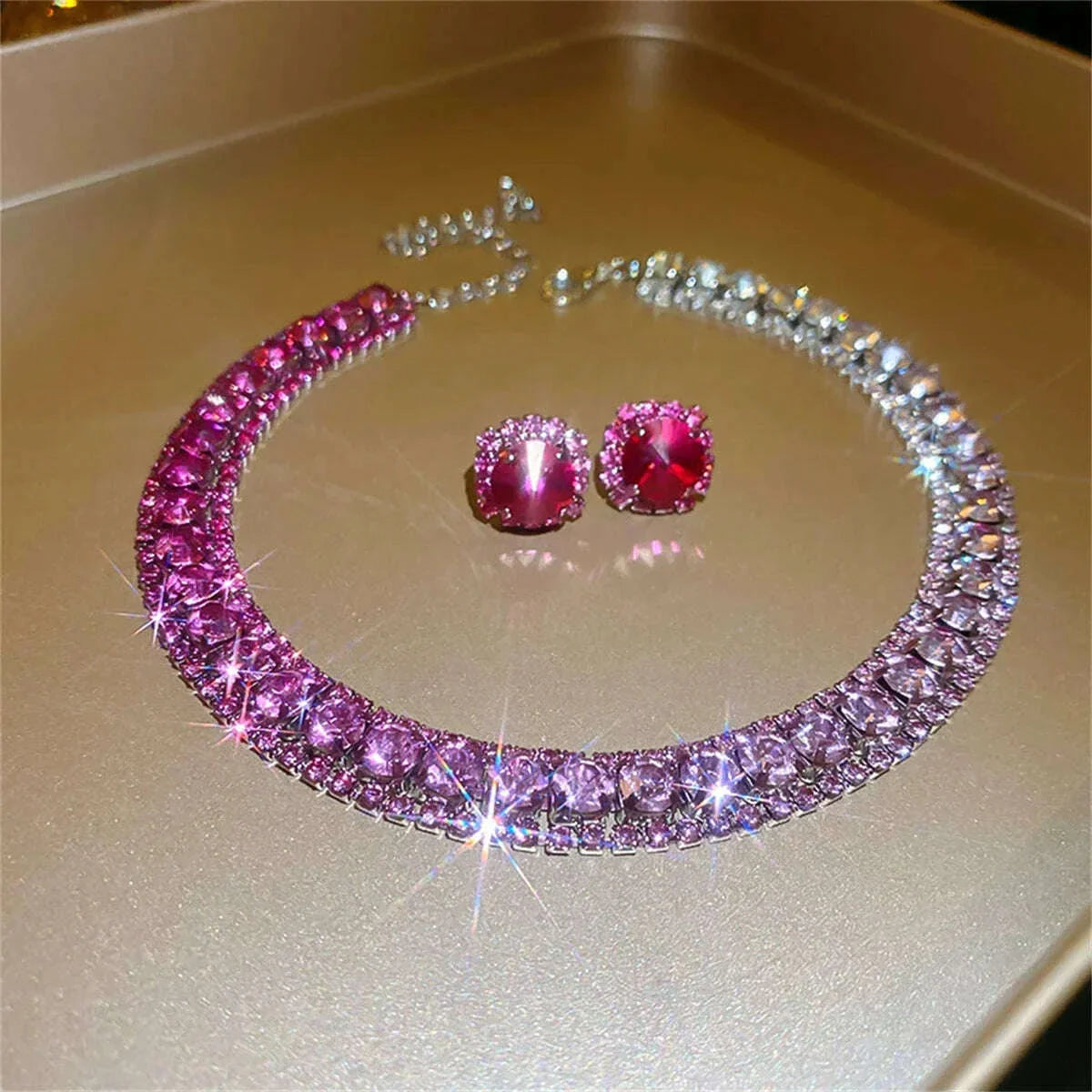 Luxury Crystal Necklace Earrings Set Pink ABcolourful Necklace for Women Weddings Party Jewelry Sets Accessories
