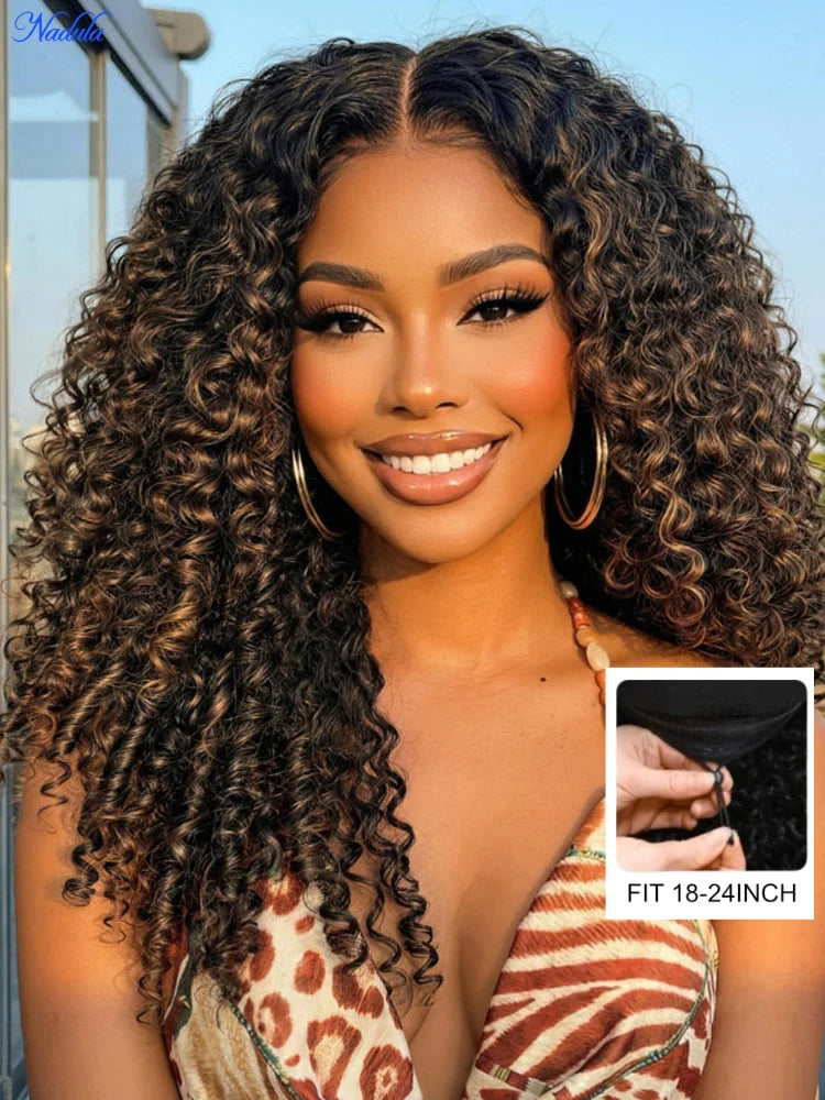 Nadula 7x5 Bye-Bye Knots Burmese Curly Glueless Wig with Finger Coil Ends No Slip Put On and Go Spiral Curls Human Hair Wigs