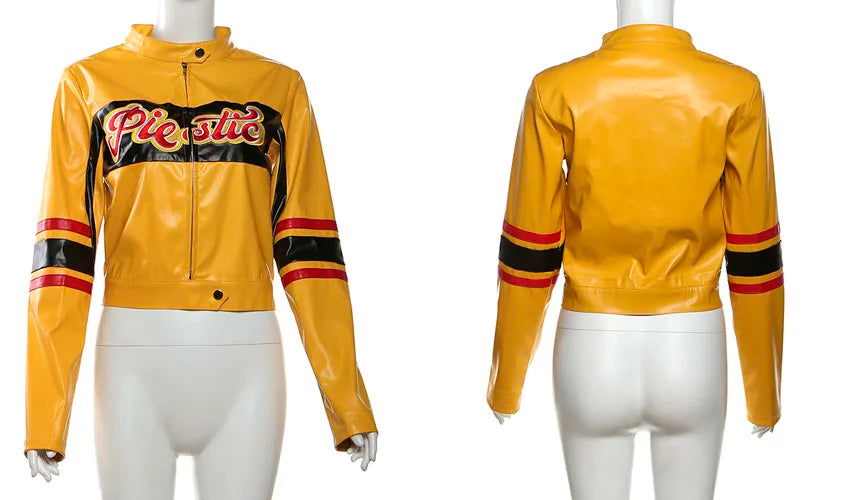 Yellow Sexy Off Shoulder PU Faux Leather Jackets for Women 2025 Autumn Spring Fashion Streetwear Lapel Long Sleeve Coat Female