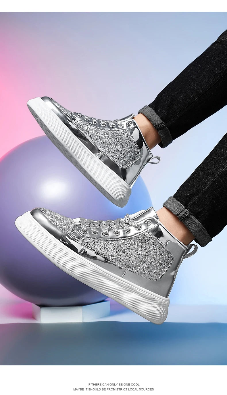 New High Top Men Sneakers Street Skateboard Shoes Bling Vulcanized Shoe Women Platform Shiny Casual Shoes Couple Sports Shoes