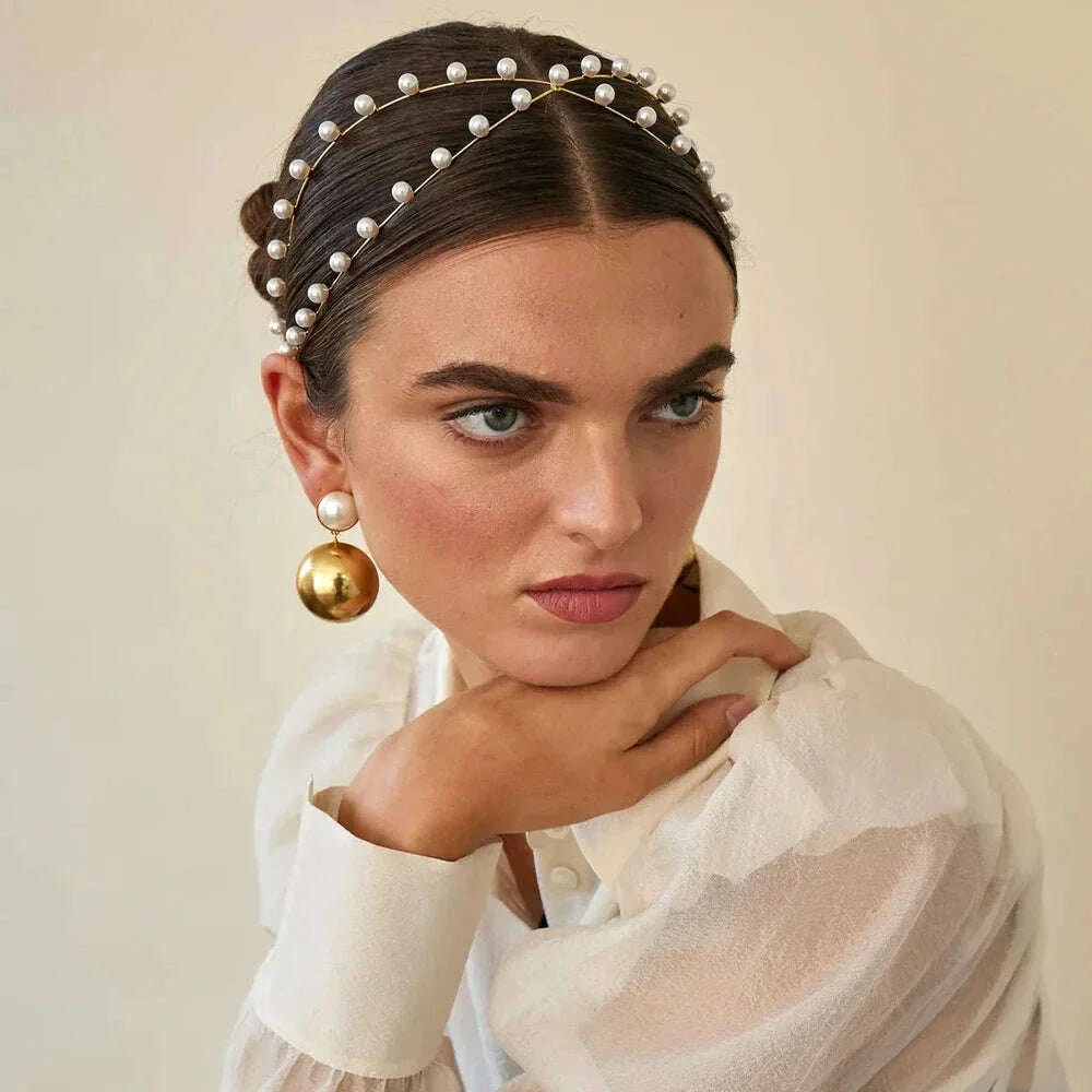 Stonefans Fashion Double Layer Pearl Headband Bridal for Women Wedding Cross Pearl Hair Accessory Elegant Hairband Jewelry
