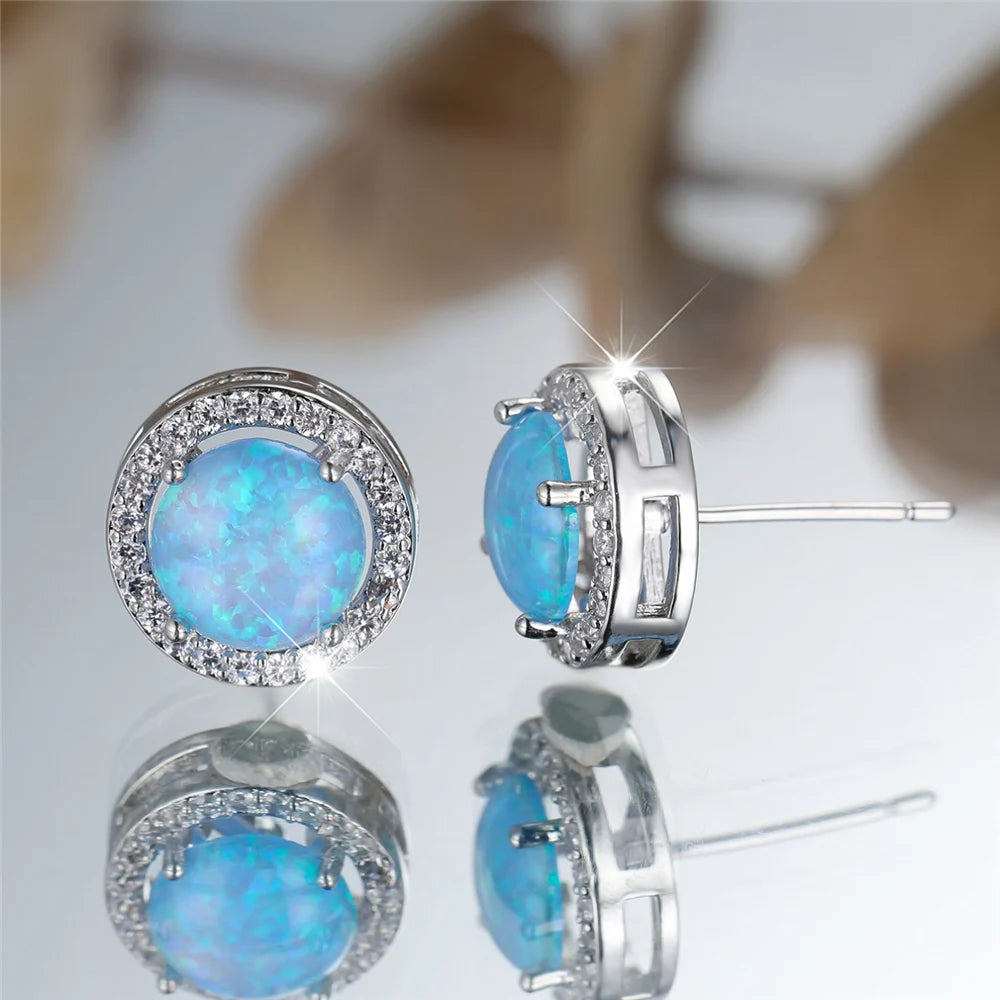 Cute Female Crystal White Blue Opal Round Stone Stud Earrings Silver Color Wedding Jewelry For Women | Kimlud Mid Range...