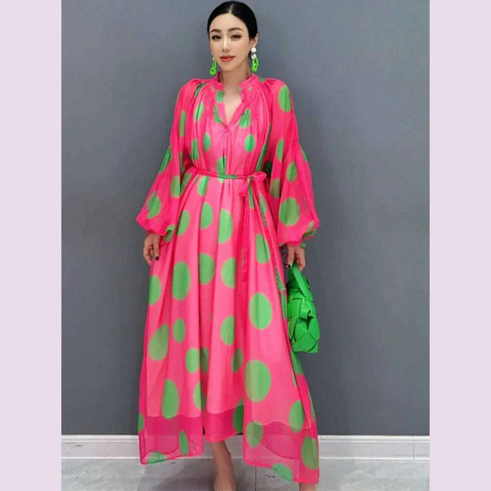 Vefadisa 2025 Summer New Dress Chiffon Printed Polka Dot Puff Sleeves V-neck Long Dress Loose And Elegant HLX007