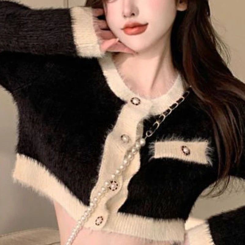 Winter Fluffy Knit 2 Piece Set Women Patchwork French Vintage Mini Skirt Suit Female Korean Fashion Elegant Office Lady Set 2024