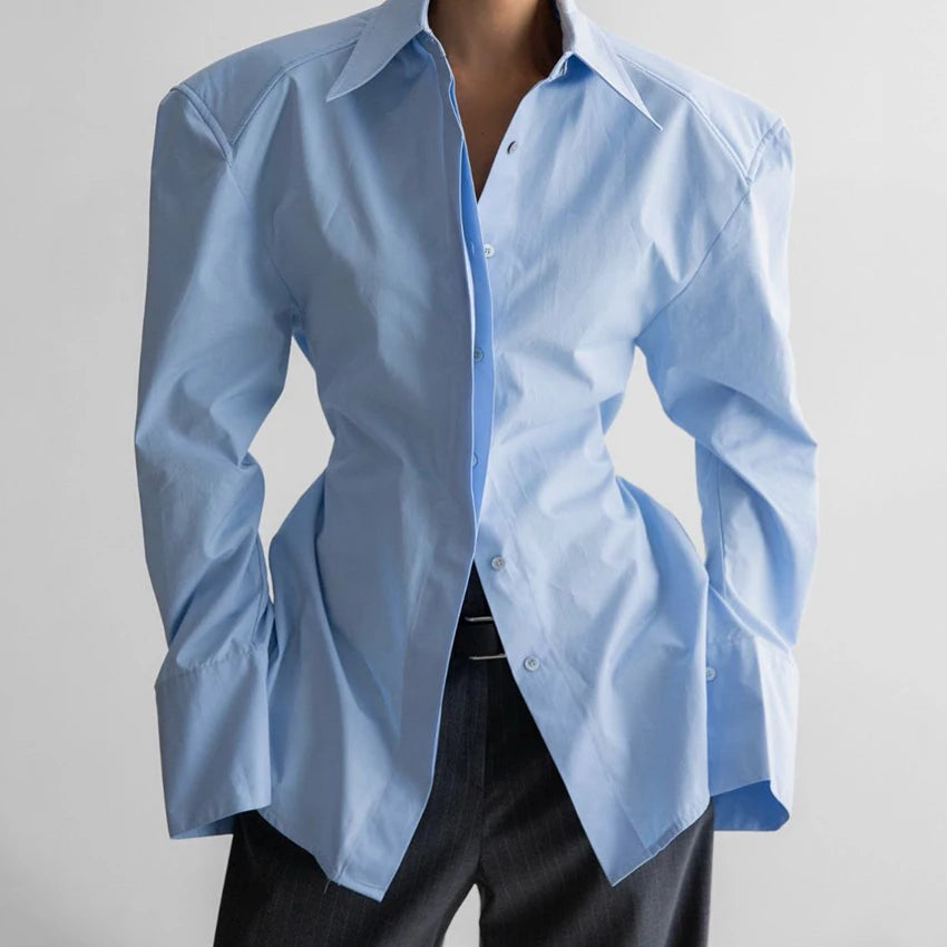 Linad Casual White Puff Sleeve Shirts Female Office Lady Blue Single-Breasted Woman Blouse 2026 Street Chic Lapel Tops...