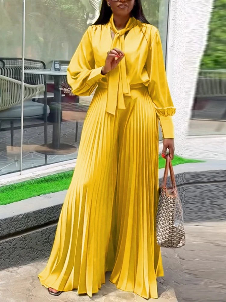 Two Piece Sets Women Outfits V Neck Lace Up Long Lantern Sleeve Tops Wide Leg Pleated Trousers Streetwear Party Causal Pant Sets