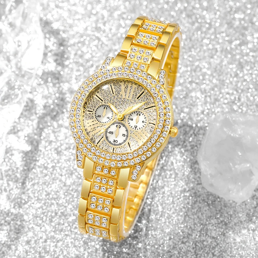 5PCS Elegant Women's Watch Jewelry Set Fashion Rhinestone Ladies Quartz Wristwatch Reloj Mujer Girls Clock Gift(Without Box)