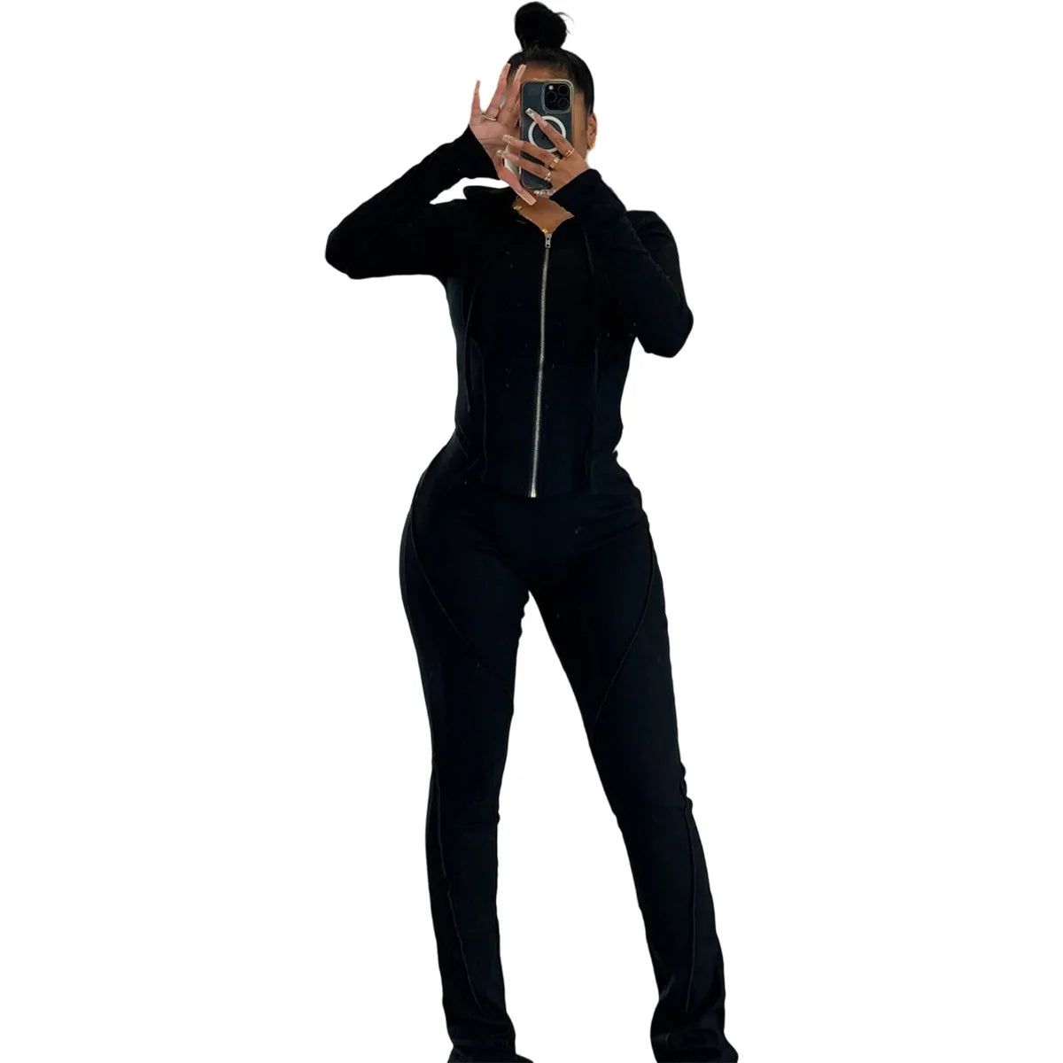 Splicing Lines Ribbed 2 Piece Set Women Tracksuits Long Sleeve Zipper Hooded Jackets Tops + Slit Flare Pants Slim Casual Suits