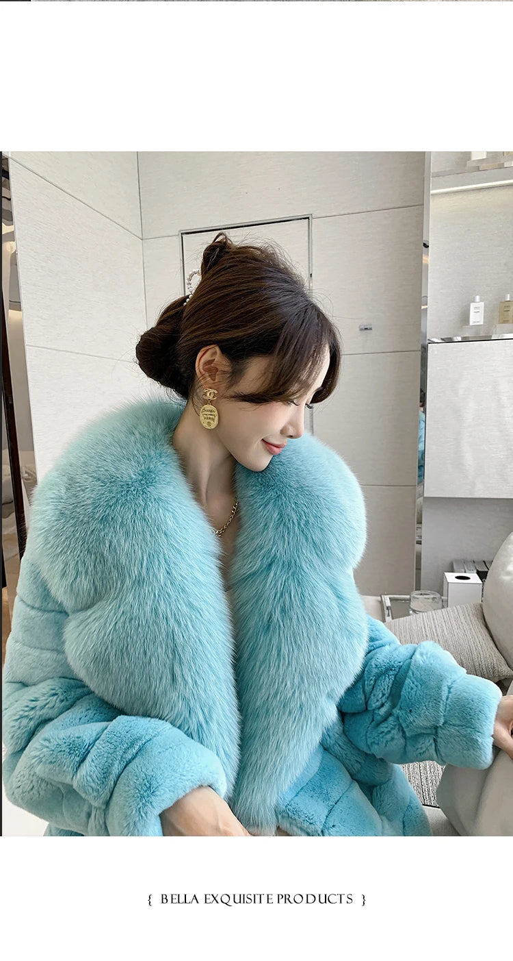 Fashion Women Real Rex Rabbit Fur Coats Long Natural Full Pelt Chinchilla Color Rabbit Fur Jackets With Real Fox Fur Collar Over
