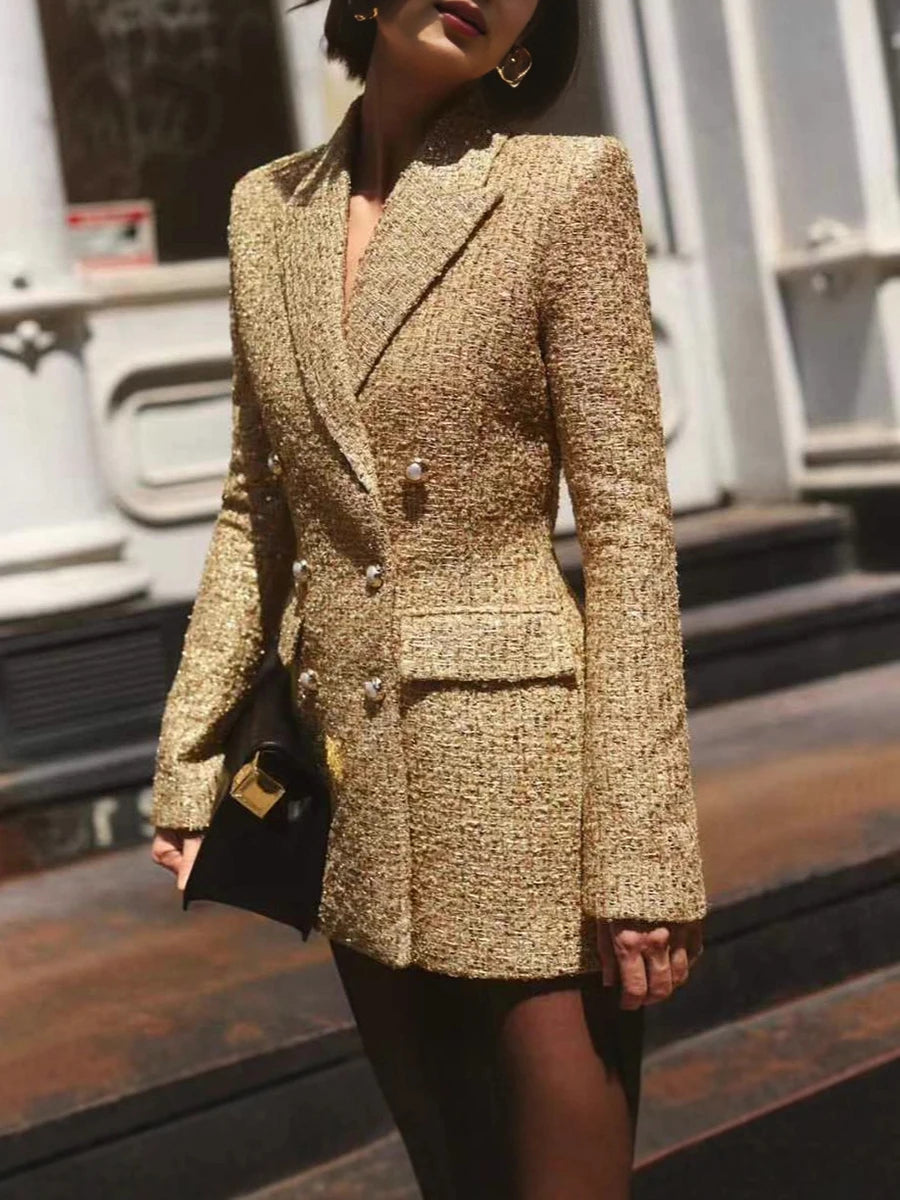 VGH Chic Luxurious Tweed Blazer for Wommen Noched Collar Long Sleeve Patcfhwork Double Breasted Elegant Formal Coat Female New
