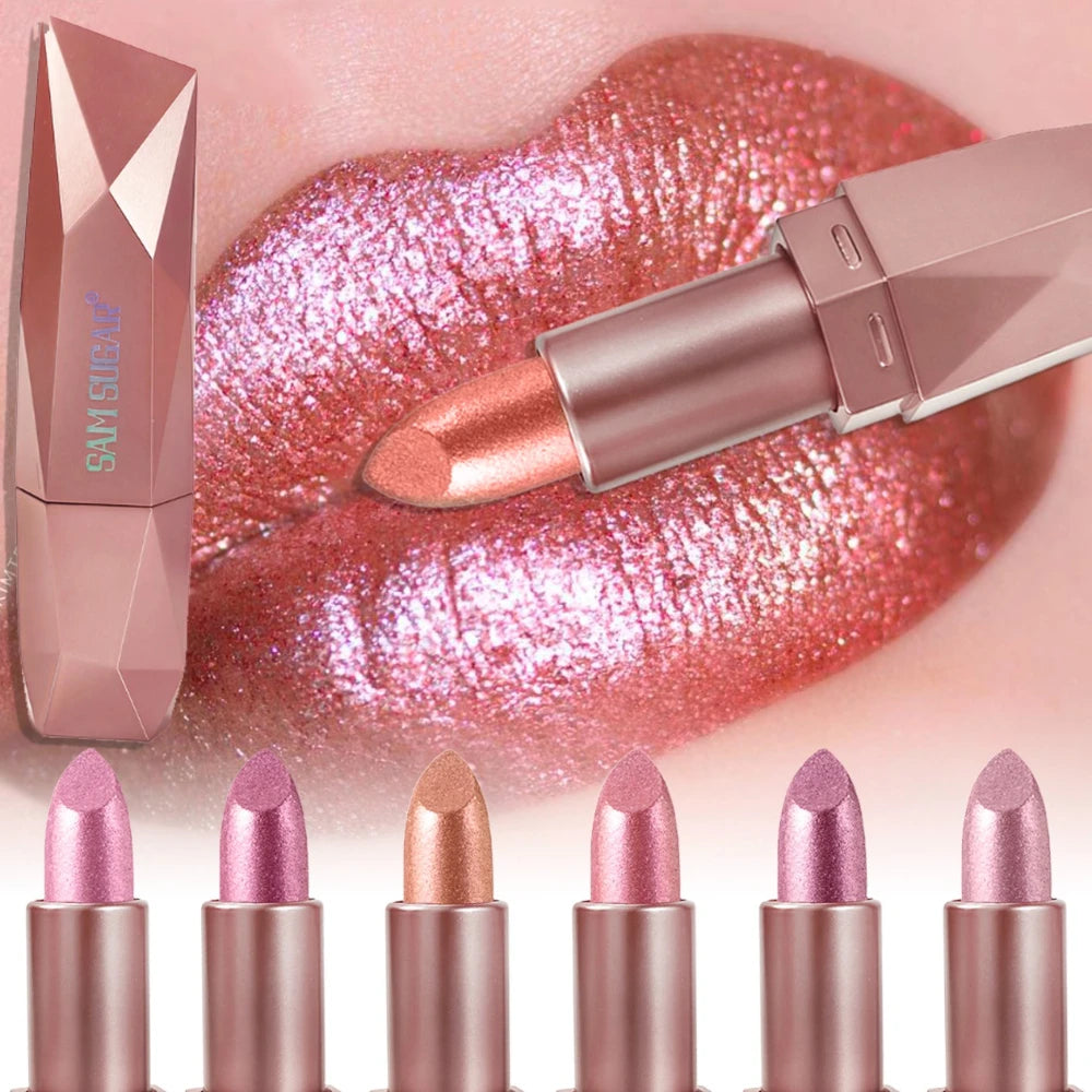 Polygon Metallic Lipstick Longlasting Glitter Orange Red Lip Glaze Waterproof Moisturize Luminous Shimmer Shiny Lipgloss Makeup