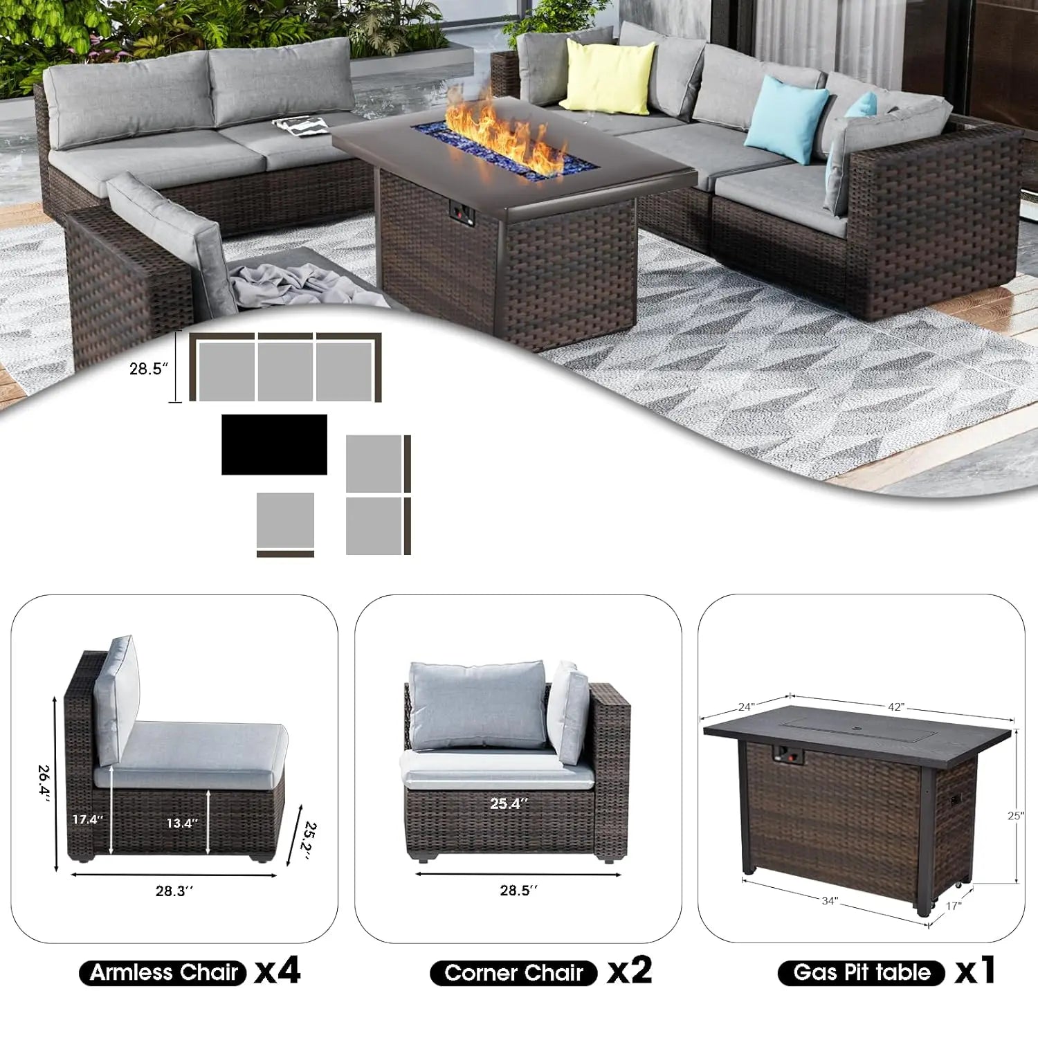 7 Pieces Outdoor Sectional Patio Furniture Set with Fire Pit Table PE Rattan Wicker Patio Sectional Conversation,...