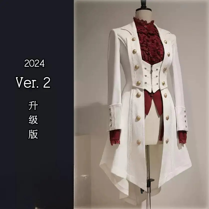 British Style Retro Dark Goth Handsome Black Trench Coat Women Girls Lolita Fake Two Vest White Coats Jacket Y2k Cosplay Clothes