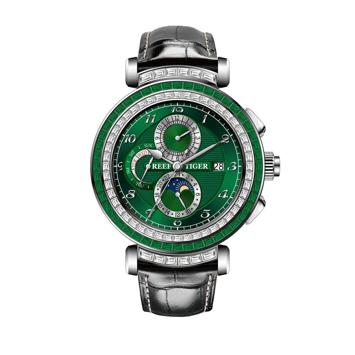 Reef Tiger Luxury Men's Automatic Mechanical Watch Green Dial Moon Phase Date Genuine Leather Strap Waterproof Dress...