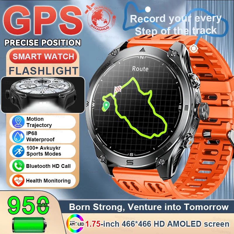 2025New GPS Sports Smart Watch AMOLED Flashlight 950Mah Battery IP68 Waterproof Fitness Trackr BT Call Smartwatch For Men Women