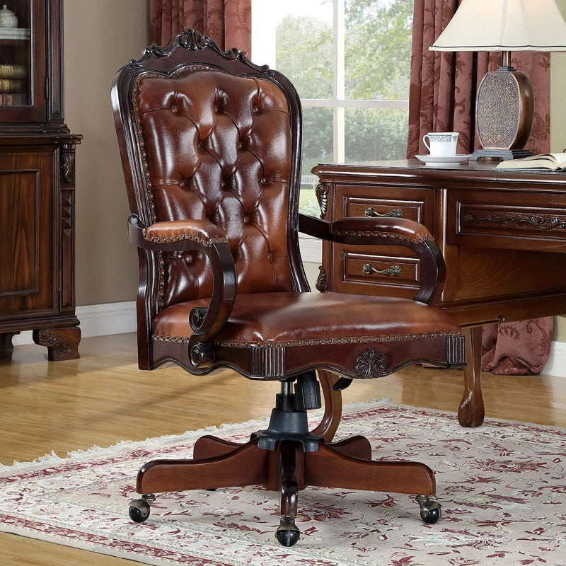 12American Genuine Leather Retro Carved Solid Wood Swivel Chair Office Chair Lift | Kimlud Vintage Luxury Home