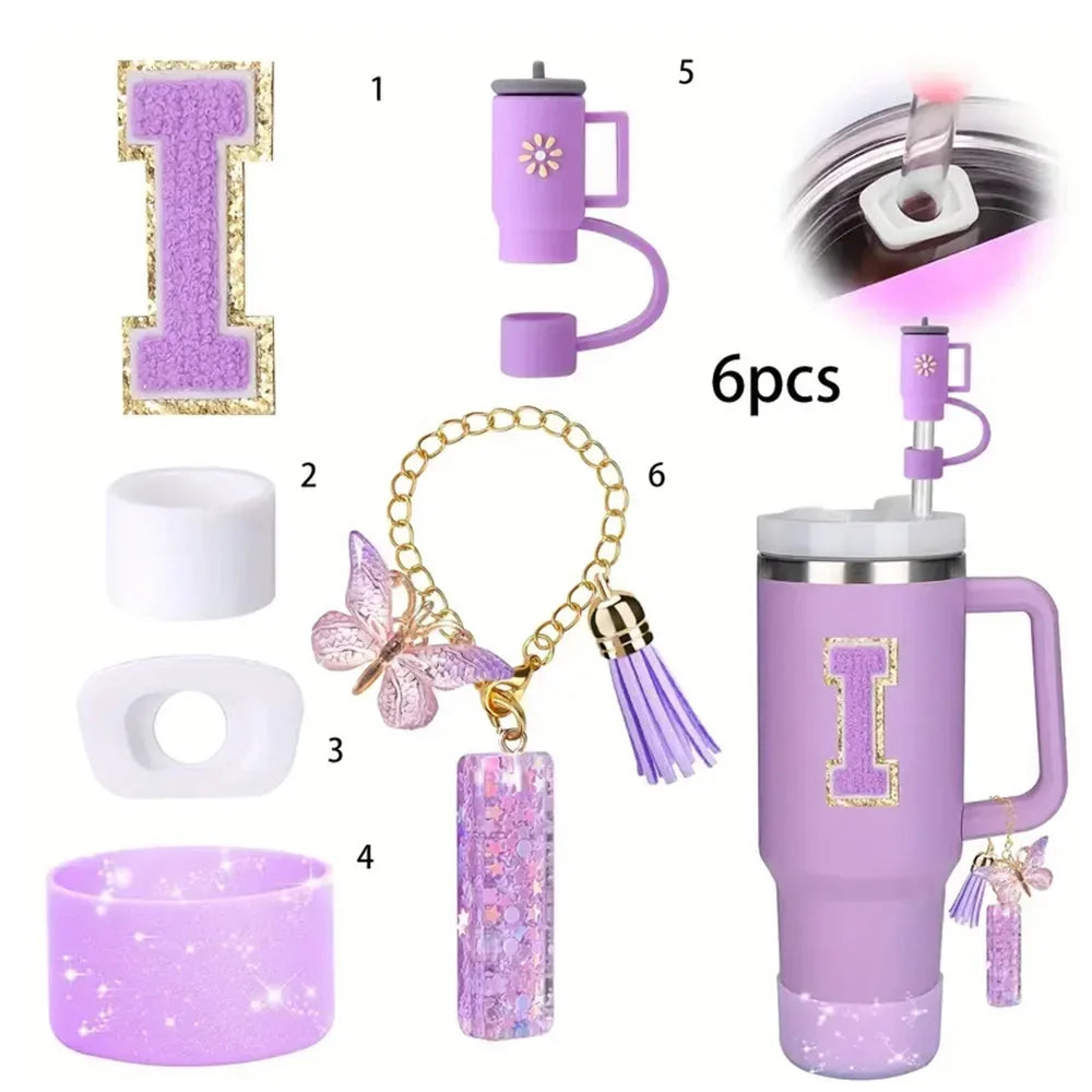 6 in 1 Cup Accessorie Set for Stanley Cup 40oz Tumbler Including Purple Silicone Straw Topper Boot Leak-proof Stopper Decoration