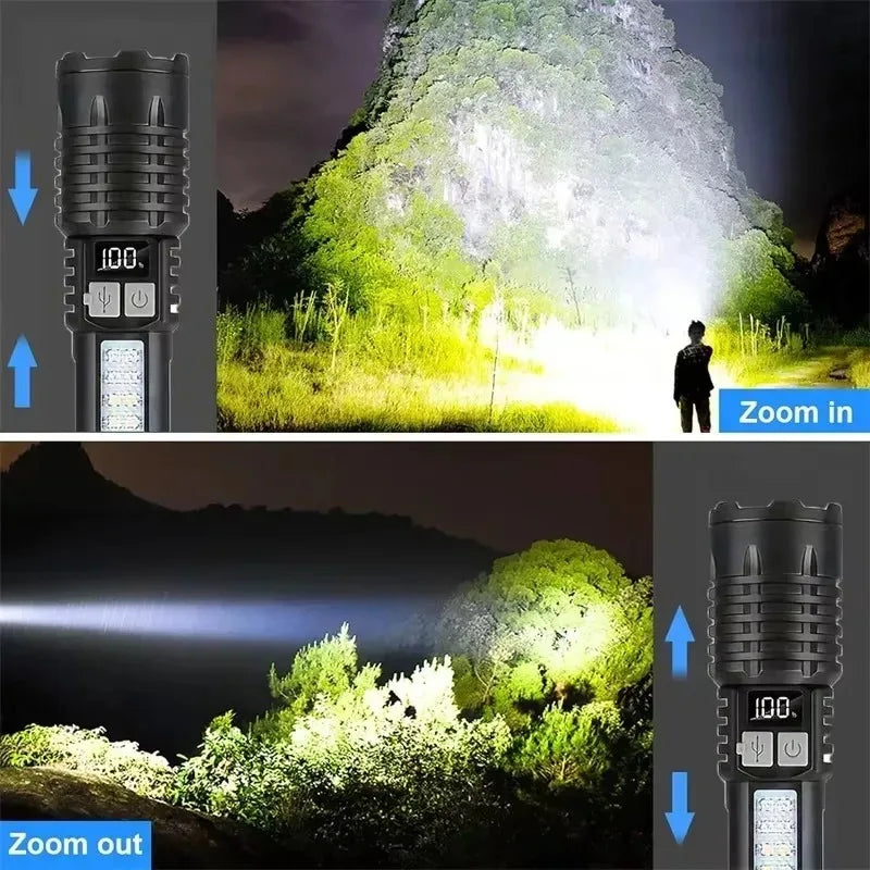 High Power LED Flashlight Powerful TYPE-C Rechargeable COB Flashlight With Side Light Torch For Outdoor Camping Hiking