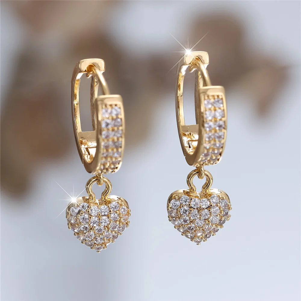 Trendy Crystal White Zircon Stone Love Heart Hoop Earrings For Women Vintage Gold Color Wedding Jewelry
