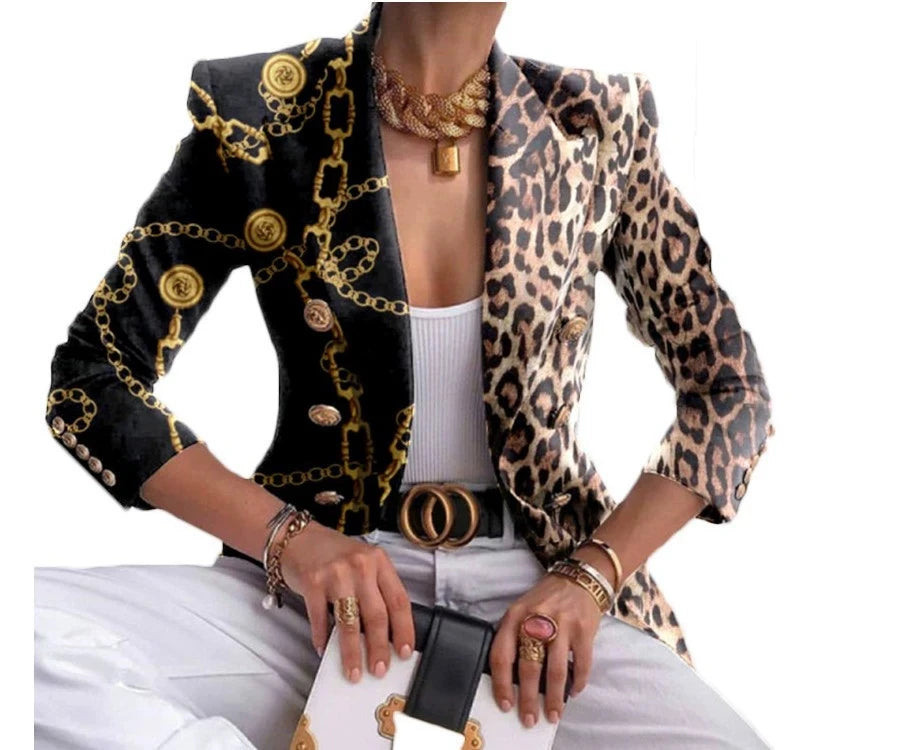 Women Vintage Print Office Lady Double Breasted Blazer Coat Autumn Fashion Notched Collar Long Sleeve Ladies Outerwear Chic Tops