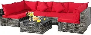 7 Pieces Patio Furniture Set, Patiojoy All-Weather Outdoor Rattan Sectional Sofa Set with Cushions and Tempered Glass Coffee Ta - Kimlud