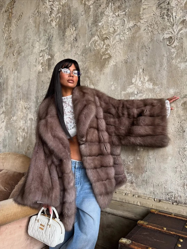 Women Elegant Fake Fur Coat Bell Sleeve Lapel Suede Surface Girdle Coats Unique Luxury Temperament 2025 New Winter High Street