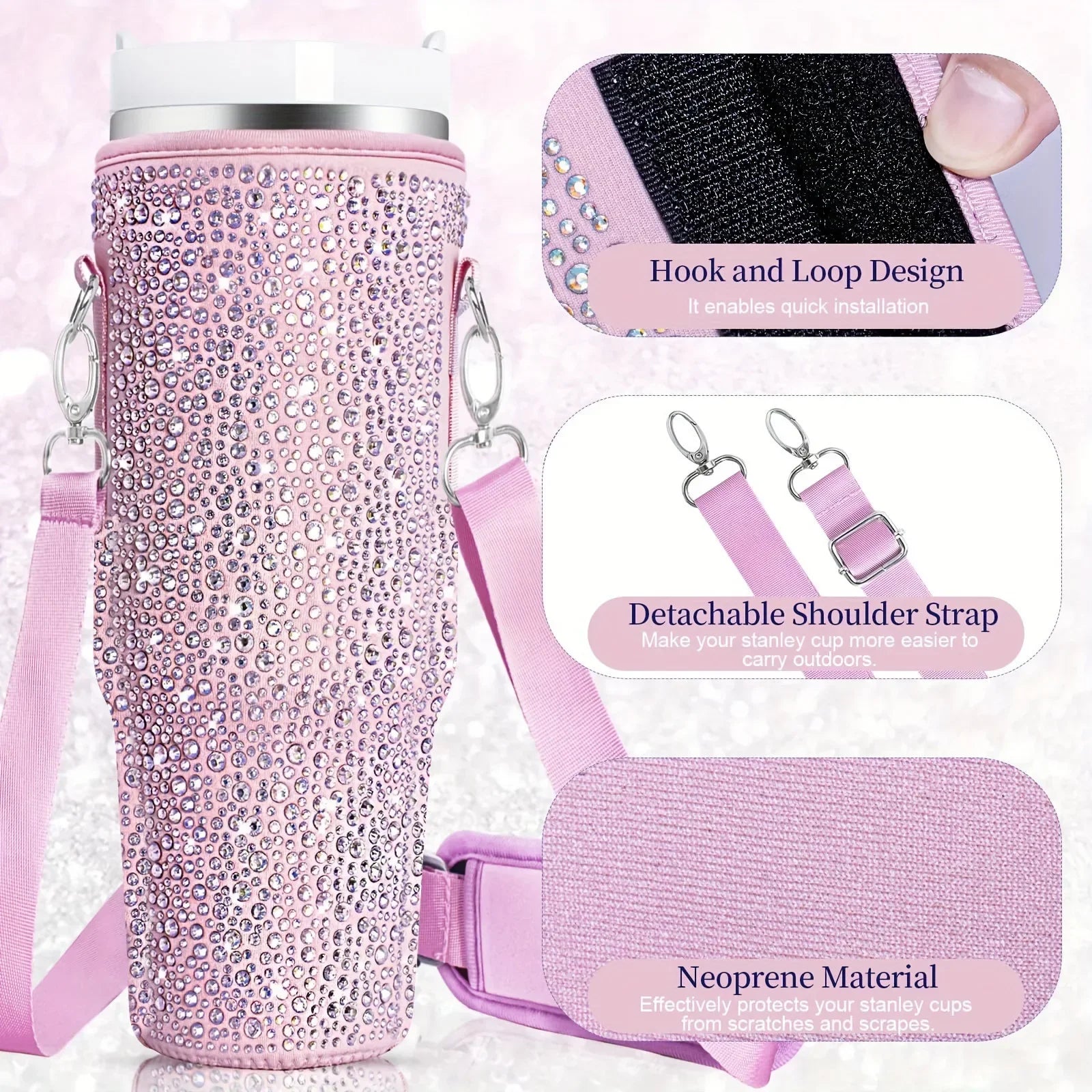 40oz bling shiny rhinestone Water Bottle Bag protecting case For Stanley Quencher Cup Sleeve Strap Pouch