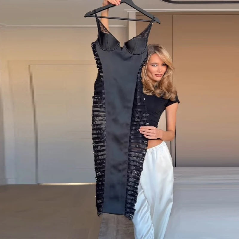Sexy Cutout Lace Trim Satin Bodycon Midi Dress Women's Elegant Strap Slim Sleeveless Dresses Lady New Trend Club Date Night - Kimlud