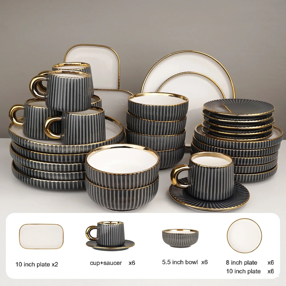 32pcs/set under glazed ceramic dinner set plate bowl cup saucer set with gold trim for 6 people | Kimlud Luxury Rug