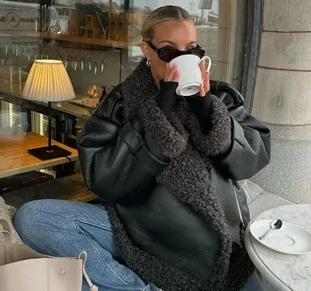 Faux Fur Leather Long Jacket Women Lapel Long Sleeve Belt Thicken Female Coats Winter Fashion Street Patchwork Lady Outwear