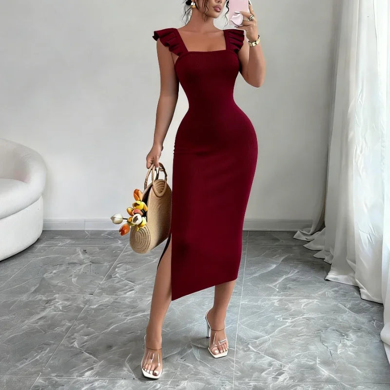 Women's Square Neck Ruffle Strap Sleeveless Side Slit Stretchy Ribbed Knit Bodycon Maxi Dress Party Wedding Long Dress Outfits