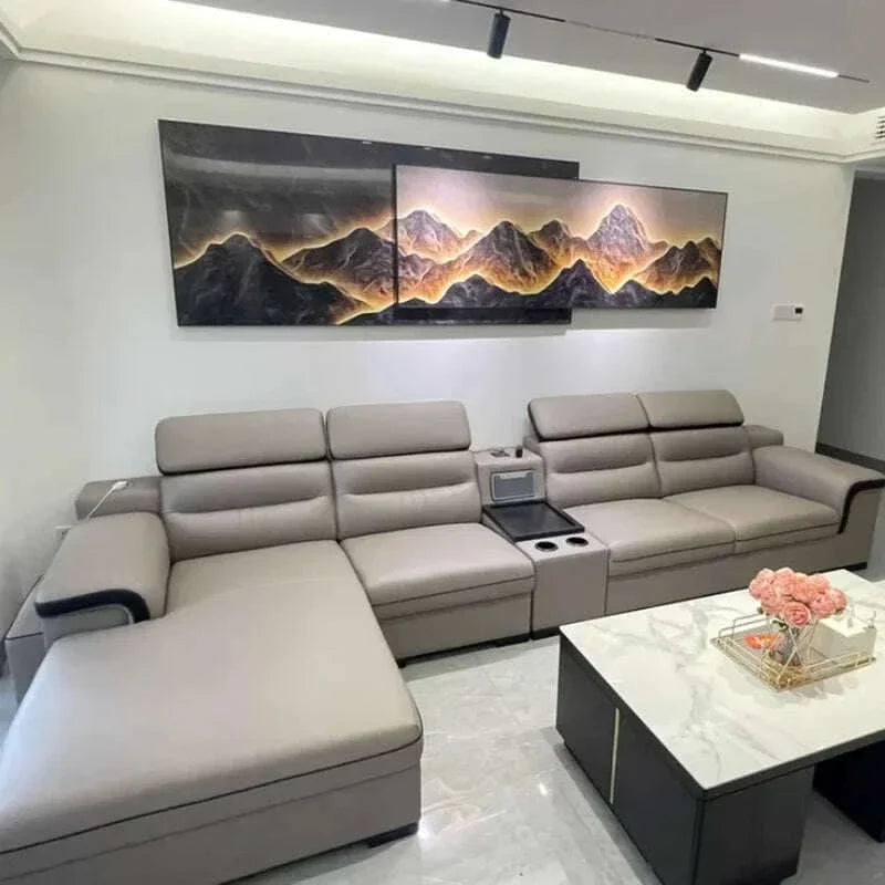 Large Apartment Chaise Leather Sofa Combination Set Modern Light Luxury Living Room Sofas Creative Office Comfortable Large Sofa