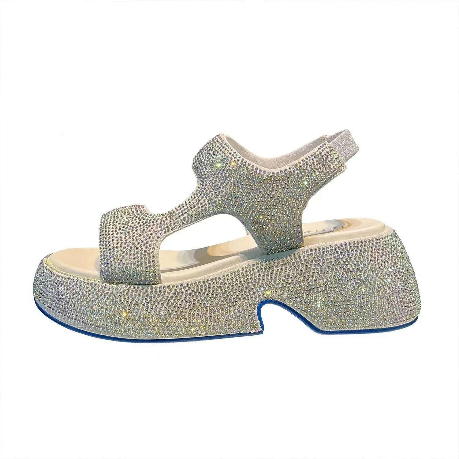 Fashion Luxury Rhinestone Women Sandals Summer New Sheepskin Elastic Band Thick-soled Open-toed Roman Flat Sandals