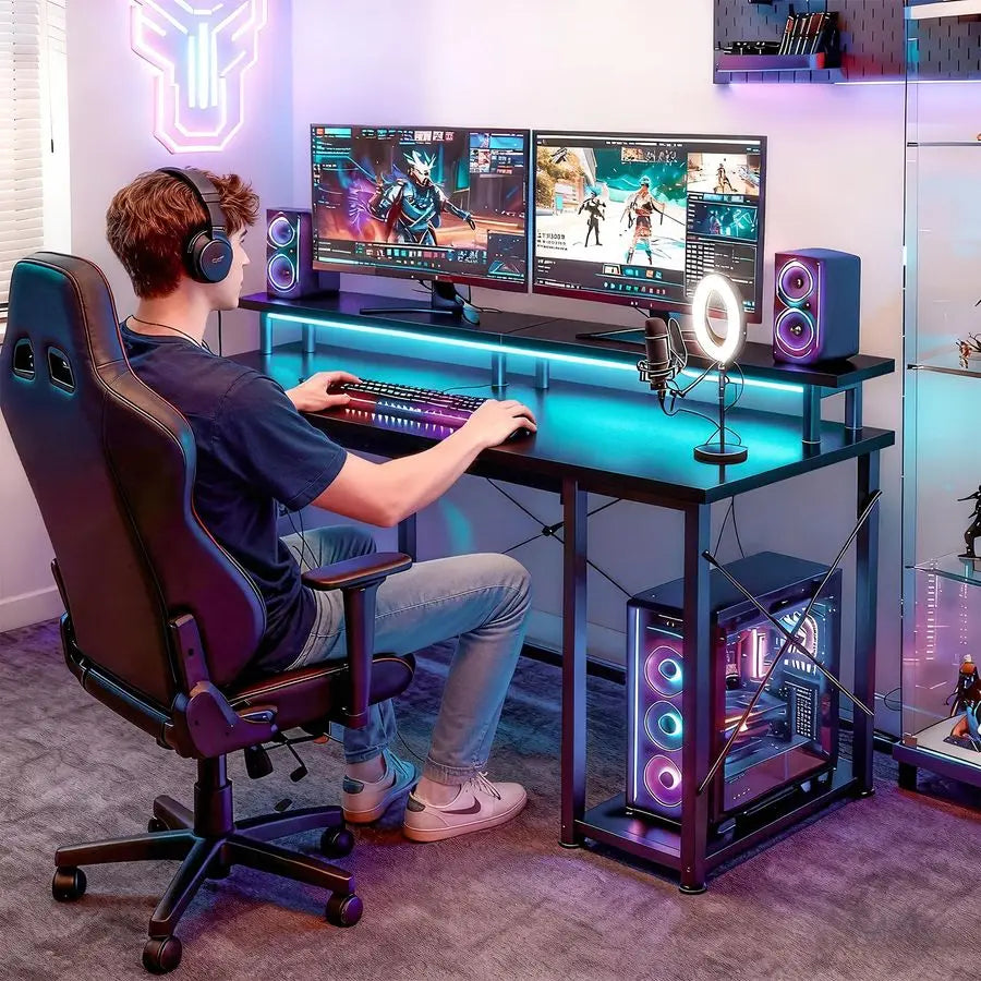 48 inch Gaming Desk with LED Lights amp Power Outlets, Computer Desk with Monitor Stand amp Storage Shelves, CPU Stand, Home Of - Kimlud