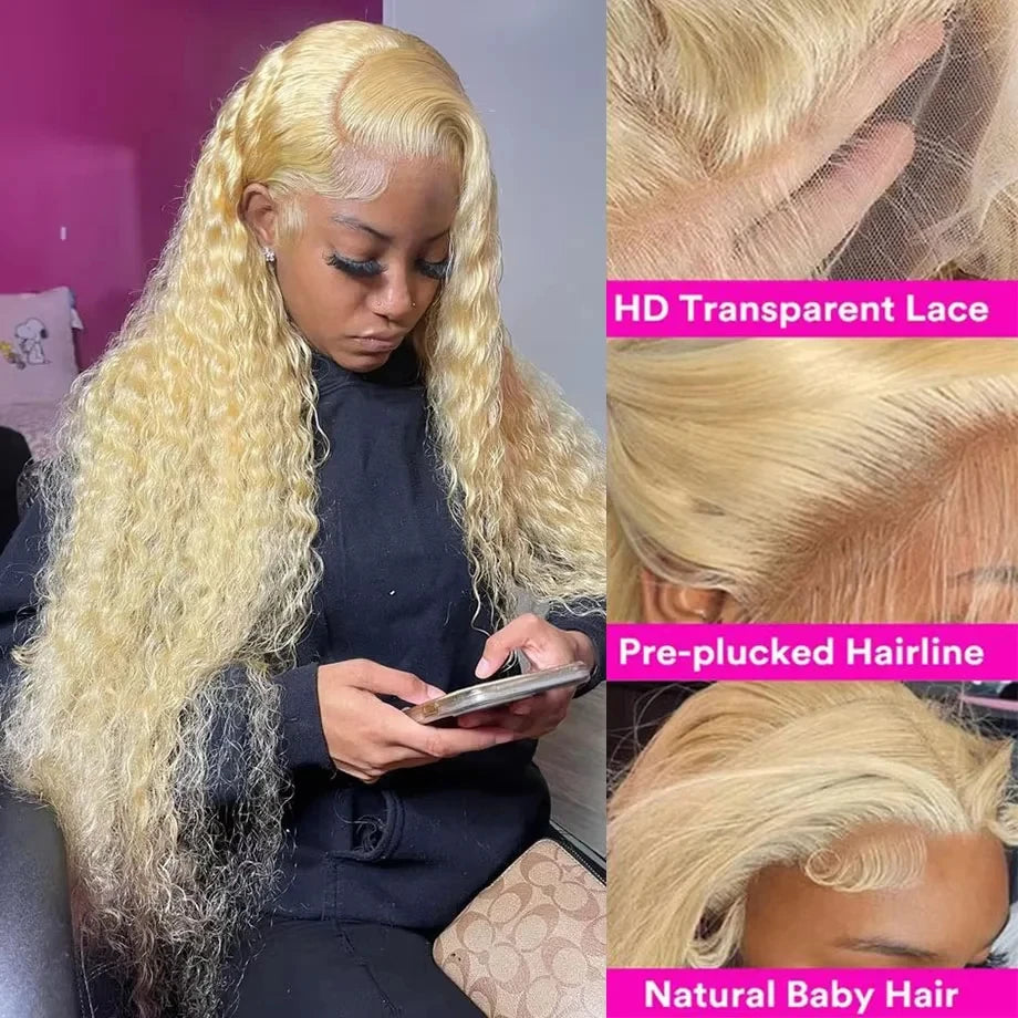 13x6 HD Lace Frontal Wig 613 Blonde Deep Wave 13x4 Transparent Lace Curly 100% Human Hair Wigs Blonde Water Wave Wig for Women - Kimlud