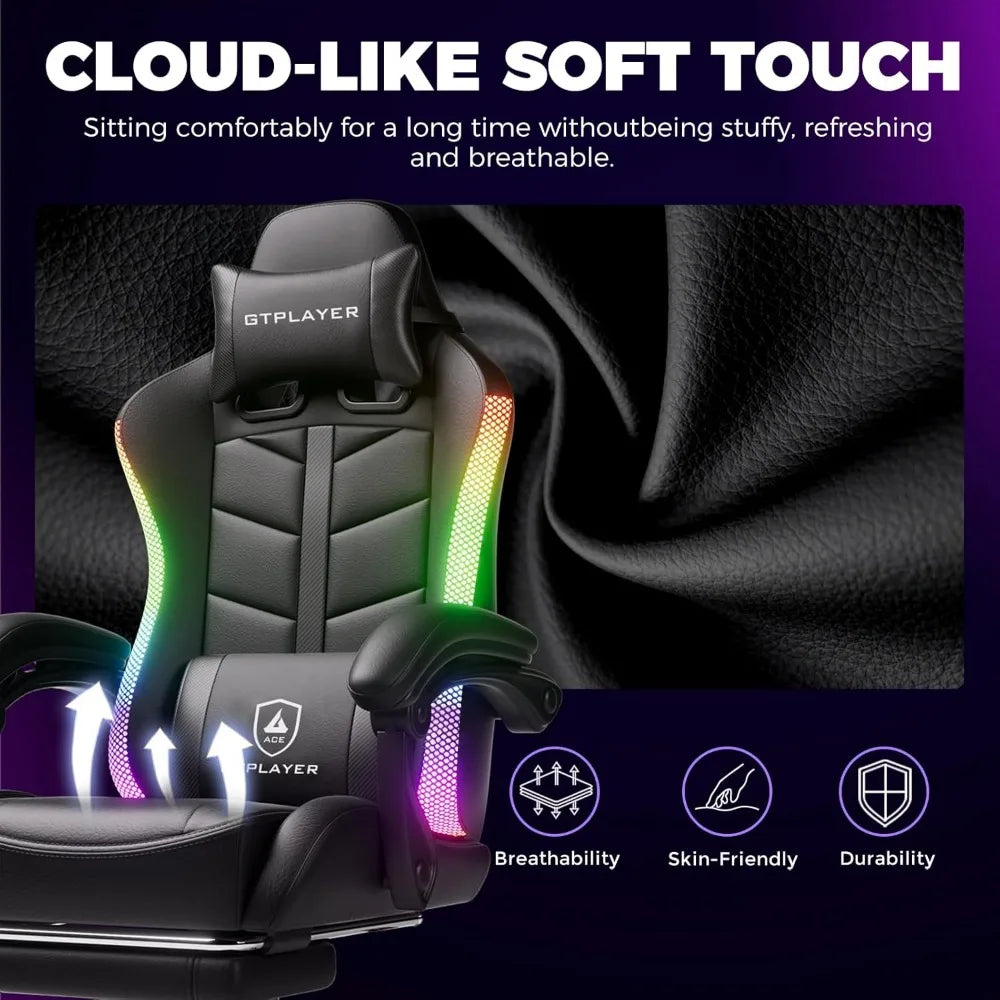 gtplayer rgb gaming chair with footrest, computer gaming chair with led lights for adults, height adjustable pc gamer chair with