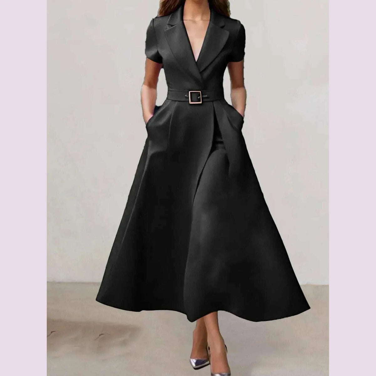 Elegant Black Satin Midi Dress V-neck Short Sleeve A-line Office Chic Women's Dress with Pockets New Design 2025